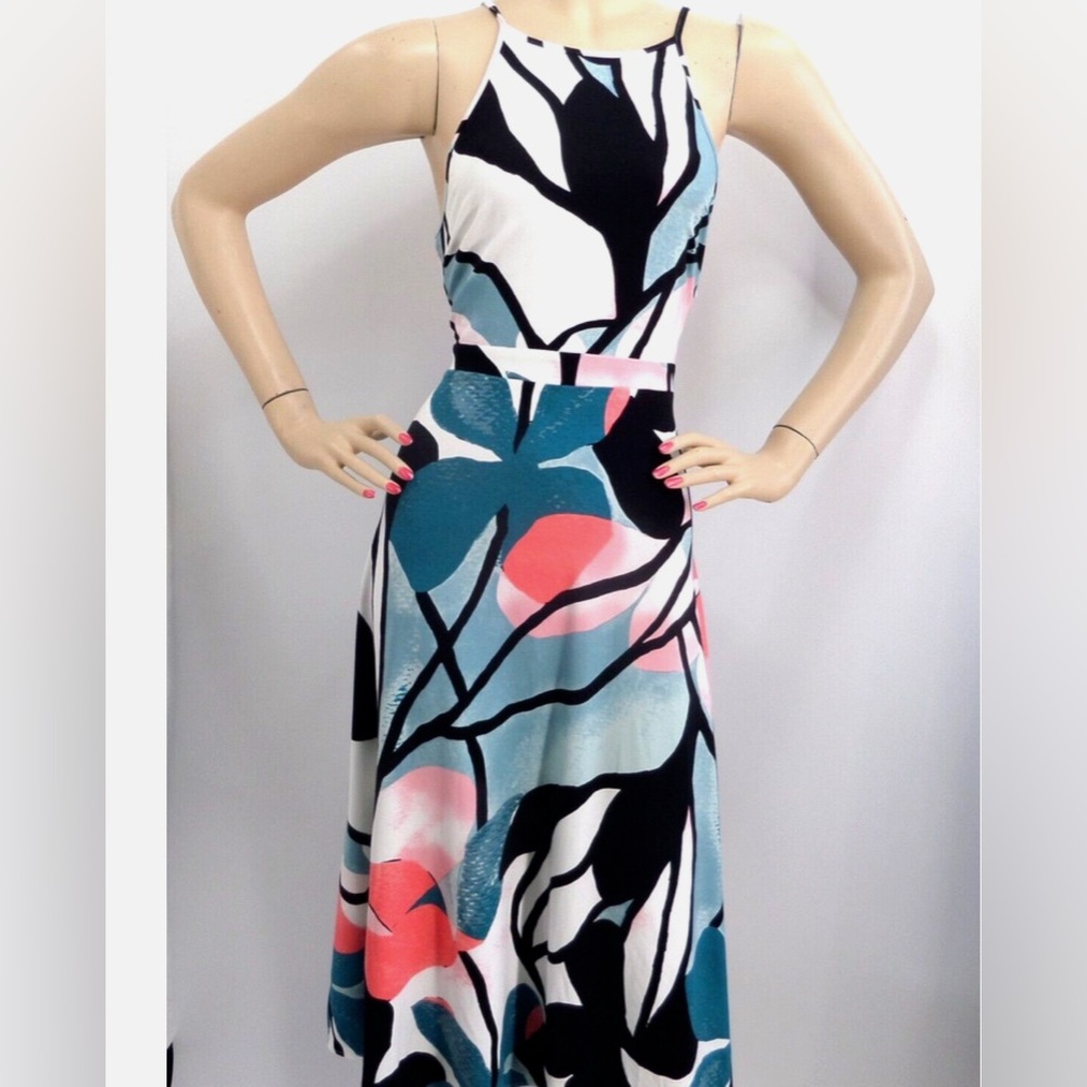 Ann Taylor Factory Abstract Floral Midi Dress - Black, Blue, Pink